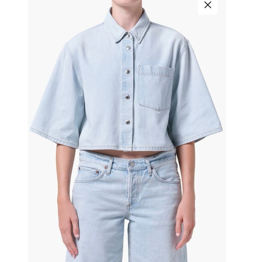 NWOT Women’s AGOLDE Tomine Boxy Denim Button-Up Shirt in Pause Light Indigo SZ S